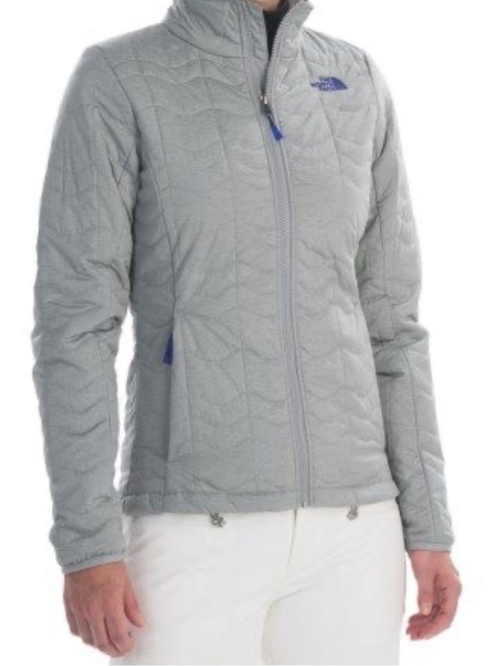 The North Face Gray Quilted Packable Jacket with Blue Accents